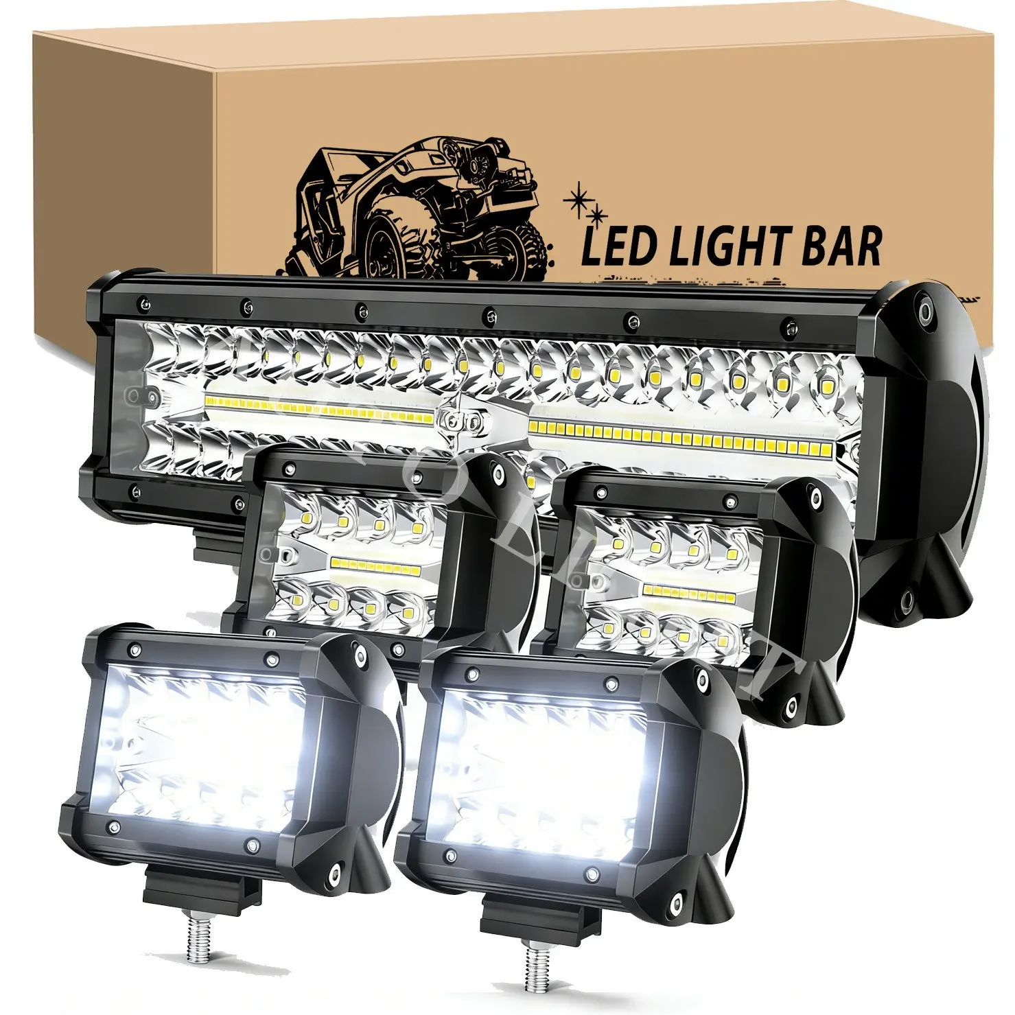 LED Light Bar 12 Inch 300W 4pcs 4 Inch 60W Spot Flood Pods Off Road Driving Fog Work Lighting for Truck Tractor Pickup Boat SUV ATV UTV Car Van Camper Motorcycle Dirt Bike Golf Cart