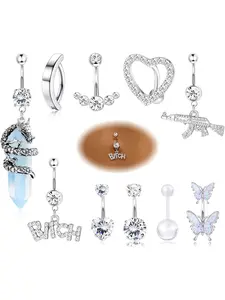 10 Pcs 14G Belly Button Rings for Women, 316L Surgical Steel CZ Butterfly Heart Curved Reverse Navel Rings Pink/White/Blue Barbell Belly Piercing Jewelry Body Piercings