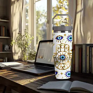 30oz Evil Eye Hamsa Insulated Water Bottle with Handle & Straw Vacuum Insulated Cup | Gold Evil Eye & Hamsa Print Stainless Steel Travel Tumbler | Christmas, Birthday, Spiritual Gift for Her
