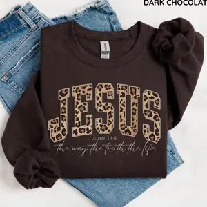 Christian Jesus Leopard Sweatshirt, Cheetah Print Bible Verse , Trendy Faith Apparel Gift, Jesus Loves You, The Way The Truth The Life F
