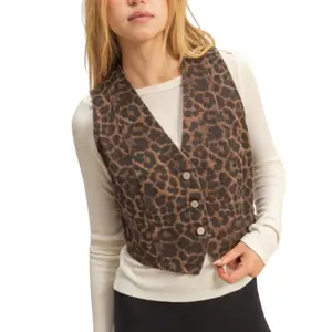 Acella Luxe Collection -  Mini Denim Vest Leopard Print Women's Fashionable Button-Up Jacket