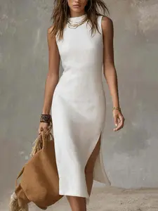 Full Size Sleeveless Mock Neck Slit Midi Dress Plus Size