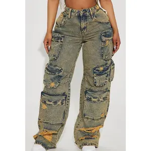 Nikki Non Stretch Acid Wash Cargo Jeans - Vintage Wash K