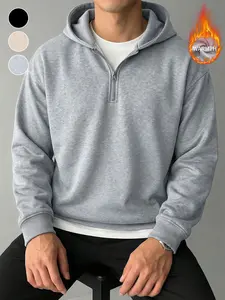 Premium Heavyweight Fabric Quarter-Zip Plain Hoodie for Men | Clean Fit Minimalist Fitted Long Sleeve Casual Outdoor Pullover Sweatshirt | Drop Shoulder Fleece Lined Hoodie for Winter Streetwear & Casual Daily Wear Menswear