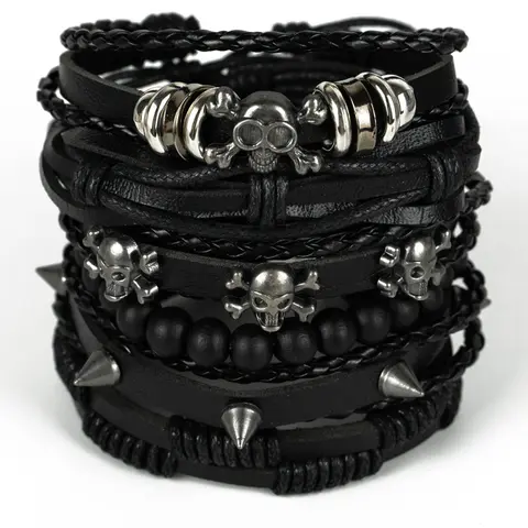 Punk Style Skull & Rivet Design Bangle Bracelet, Goth Braided & Beaded Bracelet for Both Men & Women, Trendy All-match & Exquisite Jewelry for Birthday Gift, Halloween, Gothic Witch Jewelry, Trendy Stackable Beaded Bracelet Sets, Bracelets Stack