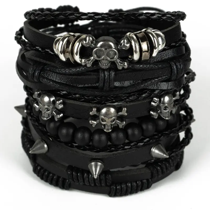 Punk Style Skull & Rivet Design Bangle Bracelet, Goth Braided & Beaded Bracelet for Both Men & Women, Trendy All-match & Exquisite Jewelry for Birthday Gift, Halloween, Gothic Witch Jewelry, Trendy Stackable Beaded Bracelet Sets, Bracelets Stack