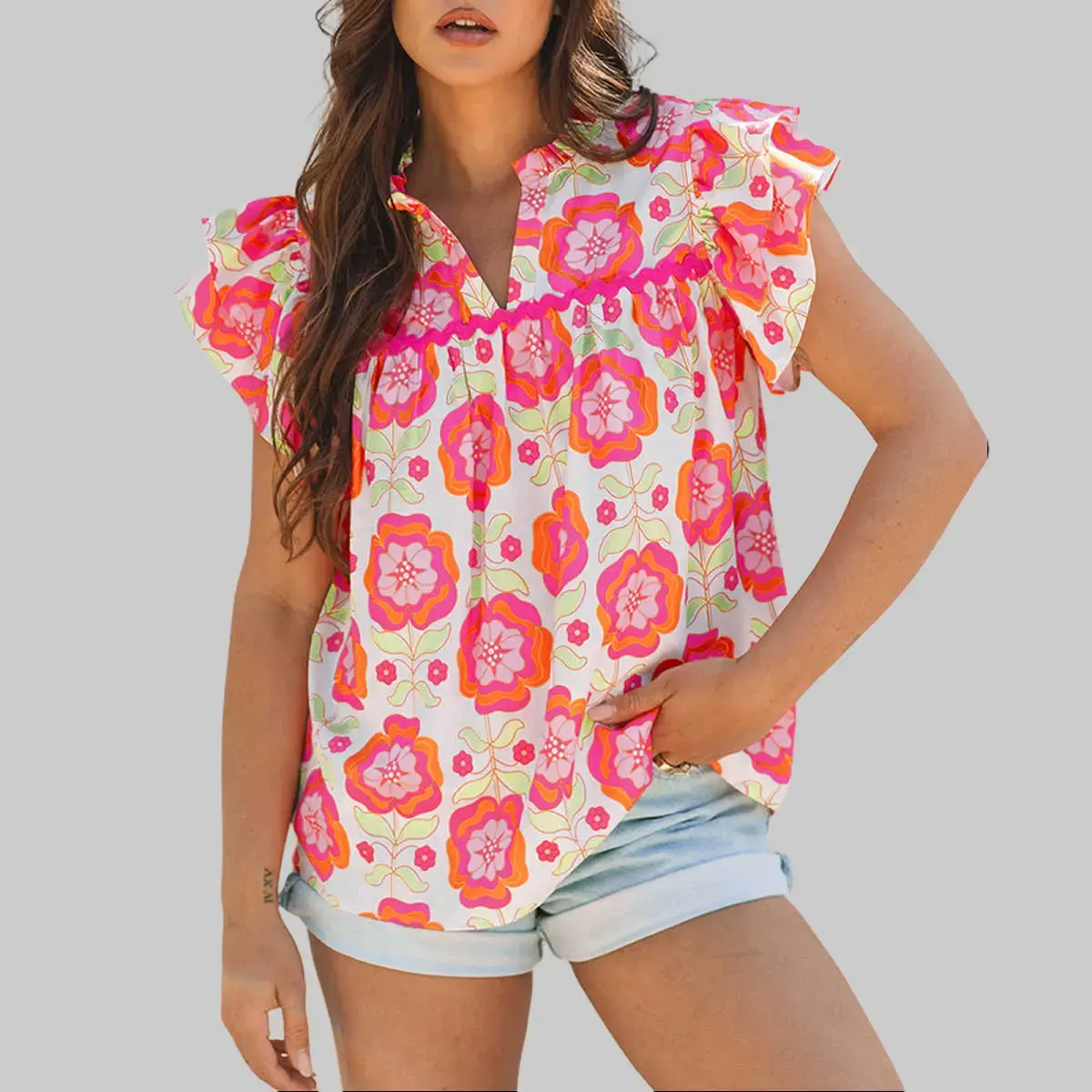 Dear-Lover Women's Ruffled Floral Print Blouse, Casual Split V-Neck Short Sleeve Shirt with Ric-Rac Trim, Girly Womenswear Top, Shirts, Girly Finds, Shortsleeve, Tops