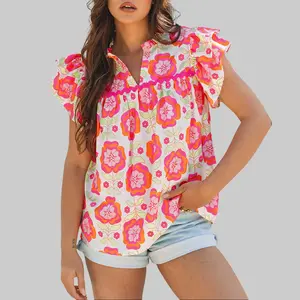 Rose Floral Ruffled Sleeve Ric-rac Trim Split Neck Loose Blouse Graceful Print Feminine Touch Unique Detail Chic Versatile Style Top Shirts for Womenswear - Shortsleeve