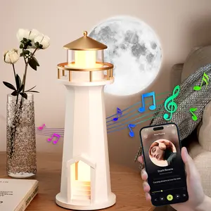 Lighthouse Night Light, Cute Moon Projection Lighthouse Lamp with Bluetooth Speaker, 3 Levels Dimmable Wireless Table Lamp for Room Decor, Rechargeable Led Night Light Unique Gift for Kids (Bluetooth)