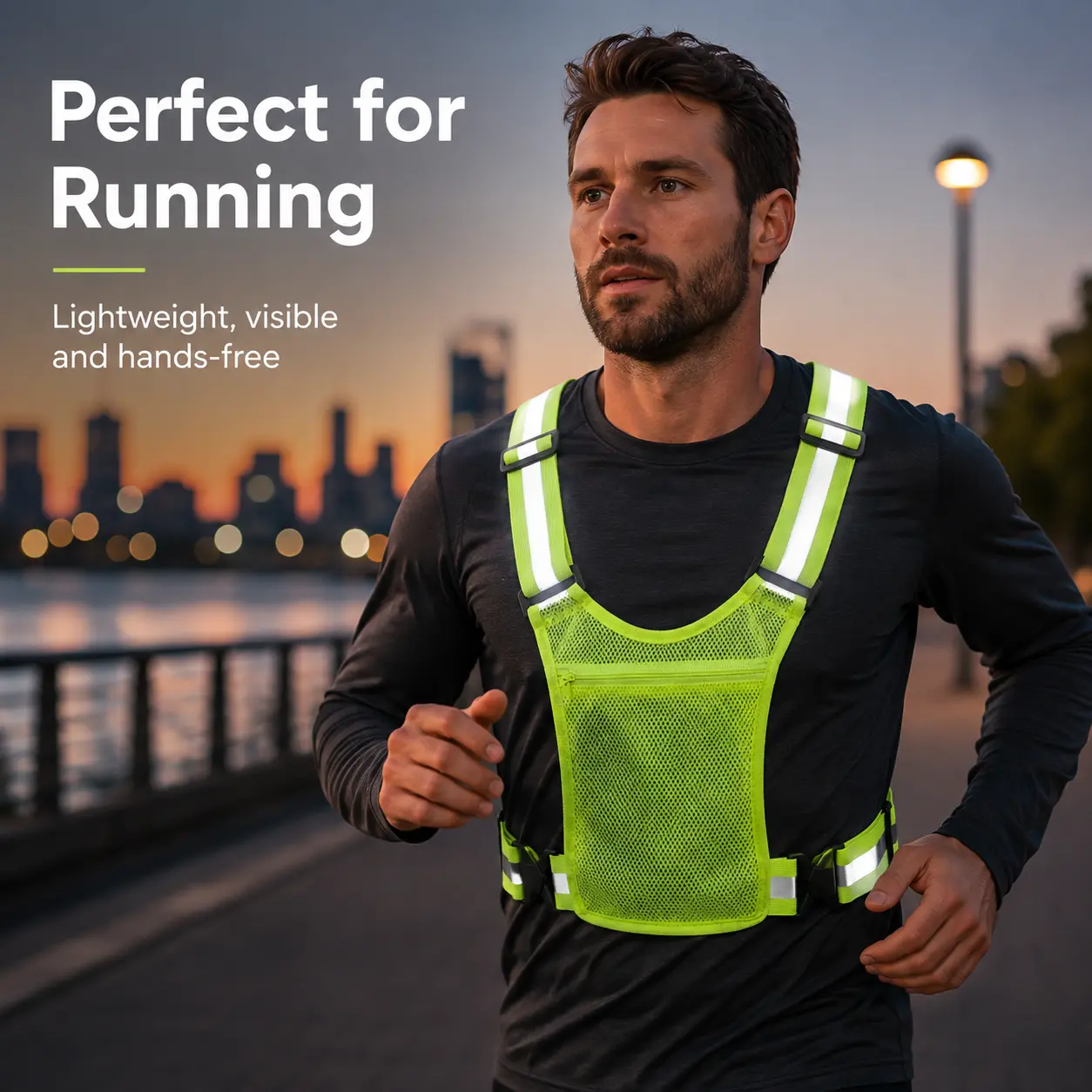 Adjustable Reflective Safety Vest for Adults - Green Polyester, Back Stripe, 1-Size (One Size, Unisex Fit), Night Visibility Outdoor Wear, Suitable for Running