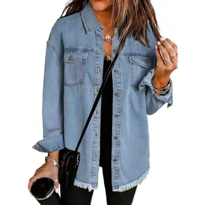 Women's Button Up Frayed Hem Shacket Long Sleeve Pockets Denim Jean Jacket