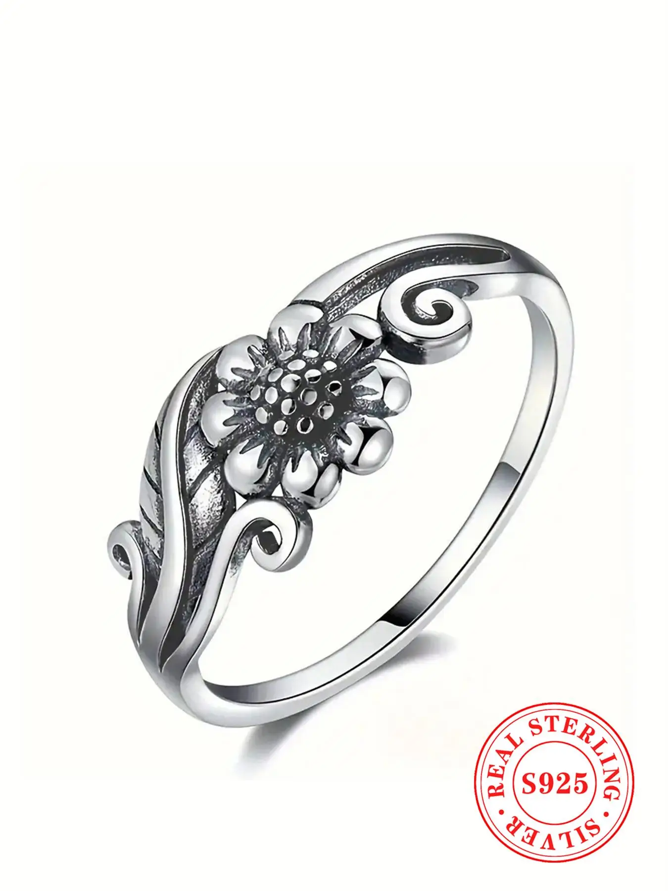 S925 Sterling Silver Elegant Flower Design Engagement Ring, Fashion Retro Promise Ring for Women, Trendy All-match Vintage Jewelry for Birthday Gift