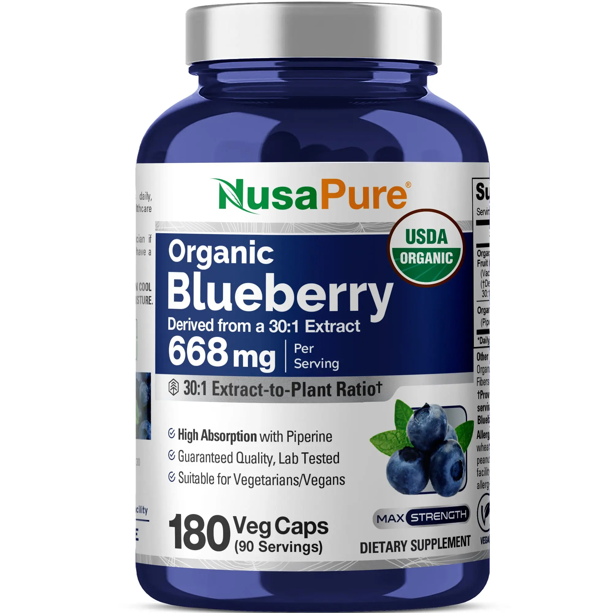 NusaPure Organic Blueberry Concentrate 30:1 Extract Healthcare Capsules - 667 mg, 180 Caps, Antioxidant-Rich, Plant-Based Vitamins for Brain Support, Vegan & Vegetarian-Friendly, Non-GMO, Daily Supplemental Nutrition Support for Adults, Antioxidants, Plan