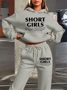 Hooded Knit Sweatshirt Set for Fall & Winter, 'short Girls' Text Print, Casual Daily Wear, Comfortable Fit