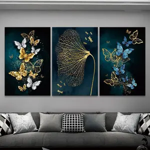 3pcs Frameless Nordic Gold Blue Butterfly Leaf Gilt Picture Wall Art Modern Style Canvas Painting Aisle Living Room Bedroom Decor No Frame