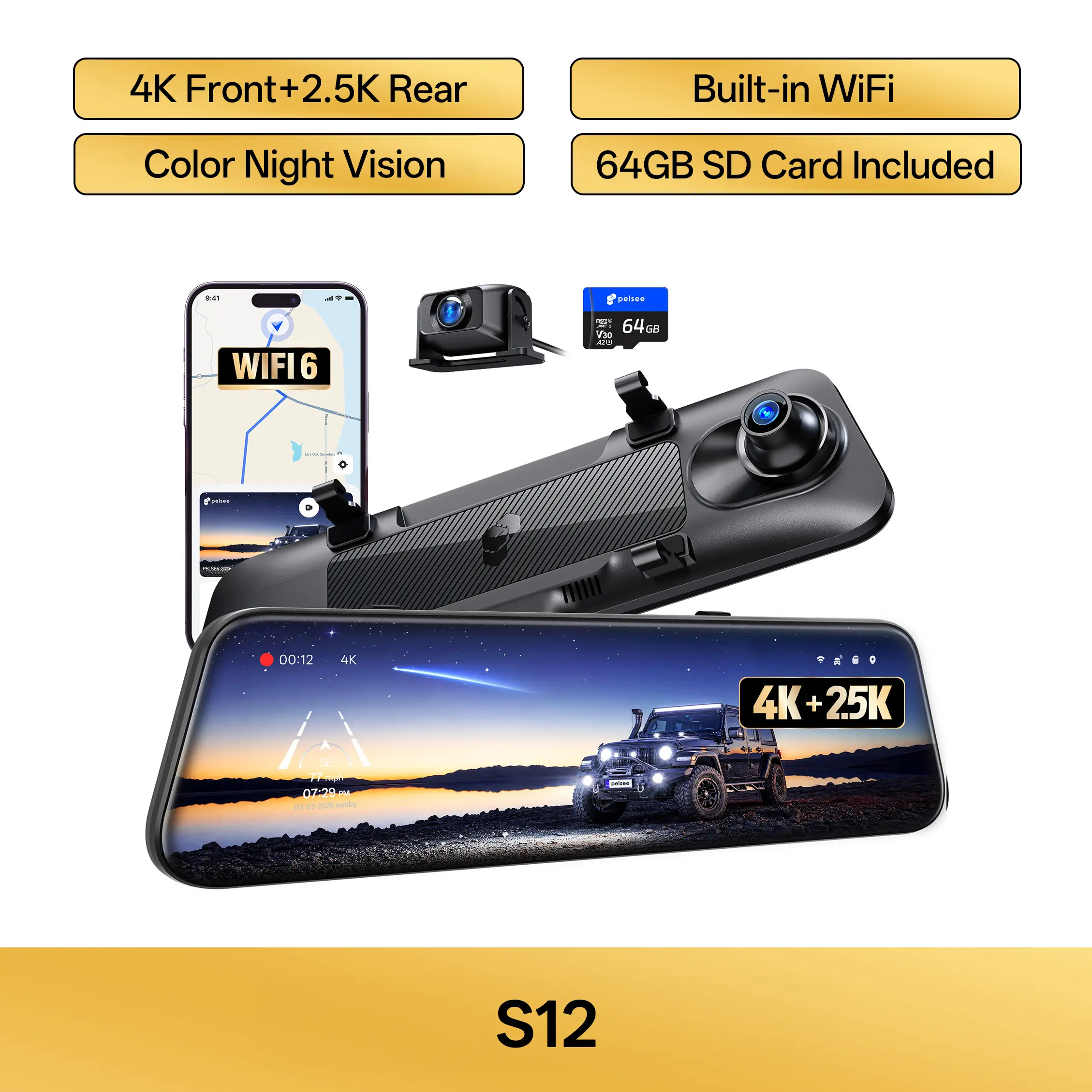 Pelsee S12 Native 4K + 2.5K Mirror Dash Cam, 64GB Card Included, GPS 8MP Starlit Color Night Vision, Rear View Mirror Camera w/ WiFi 6, 12" Touch Screen, Backup Assist for Cars Trucks Vans RVs