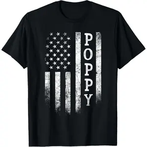 Poppy American Flag Poppy Gifts Patriotic Father's Day T-Shirt,Made in USA ,Round Neck, Cotton, Soft