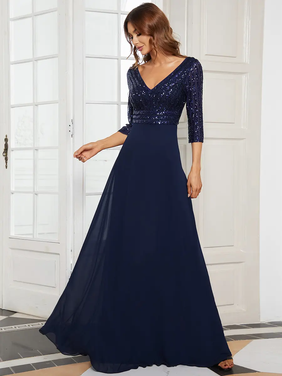 EVER PRETTY Women's Sequin Evening Dress, A-Line V-Neck Formal Wear Gown with 3/4 Sleeves, Sparkly Glitter Stripe Bodice, Fabric, Stripes, Basic, Polyester, Elegant Dresses, Classic, Anniversary