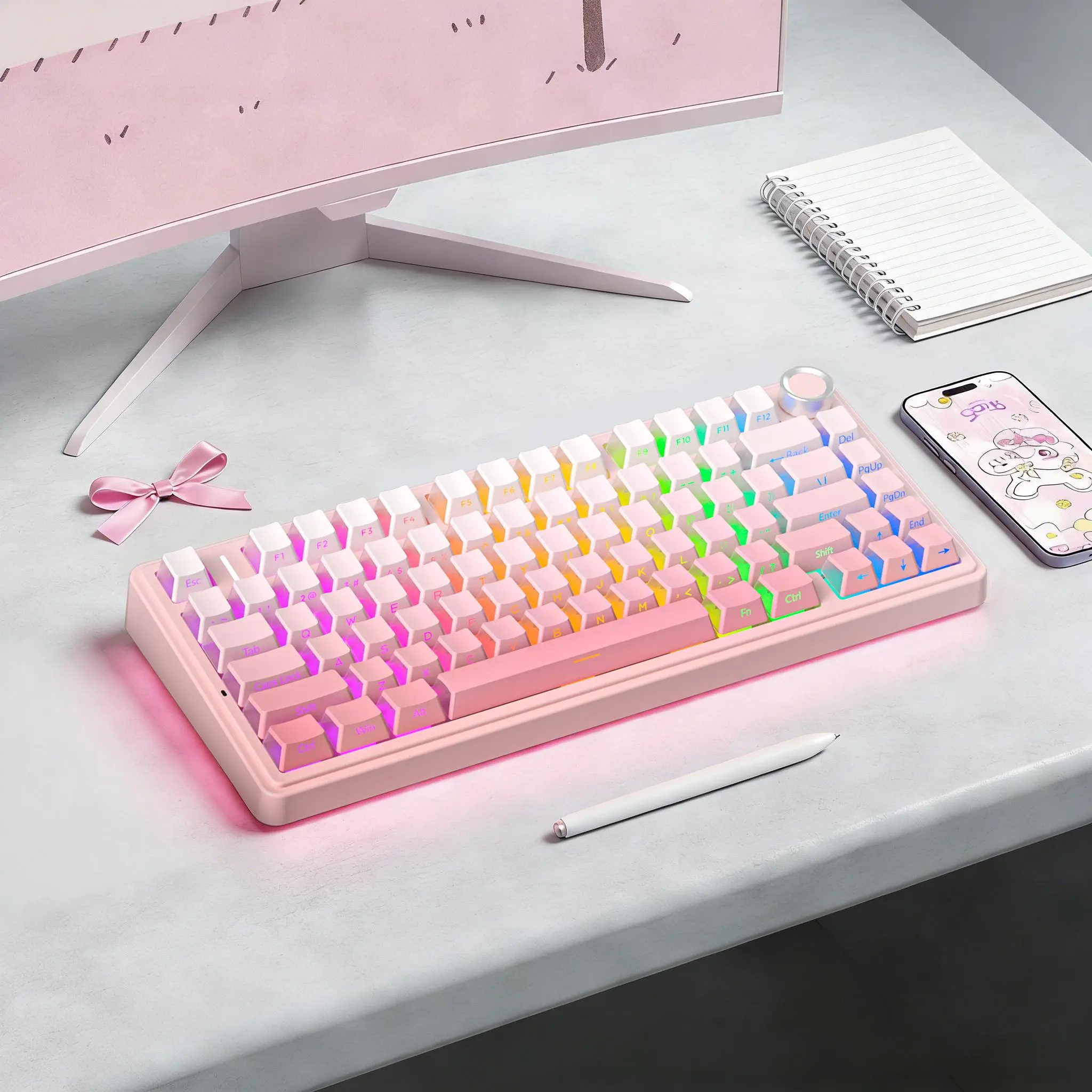 AULA F75 Pro Pink Aesthetic Bluetooth Keyboard - Creamy Silent Mechanical Keyboard with 3-Side Glow RGB Keycaps, Customizable Switches for Cute Desk Setup, Creamy Keyboard