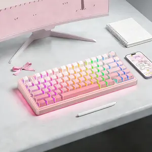 AULA F75 Pro Pink Aesthetic Wireless Keyboard – Creamy Silent Mechanical Keyboard with 3-Side Glow Keycaps RGB for Cute Desk Setup