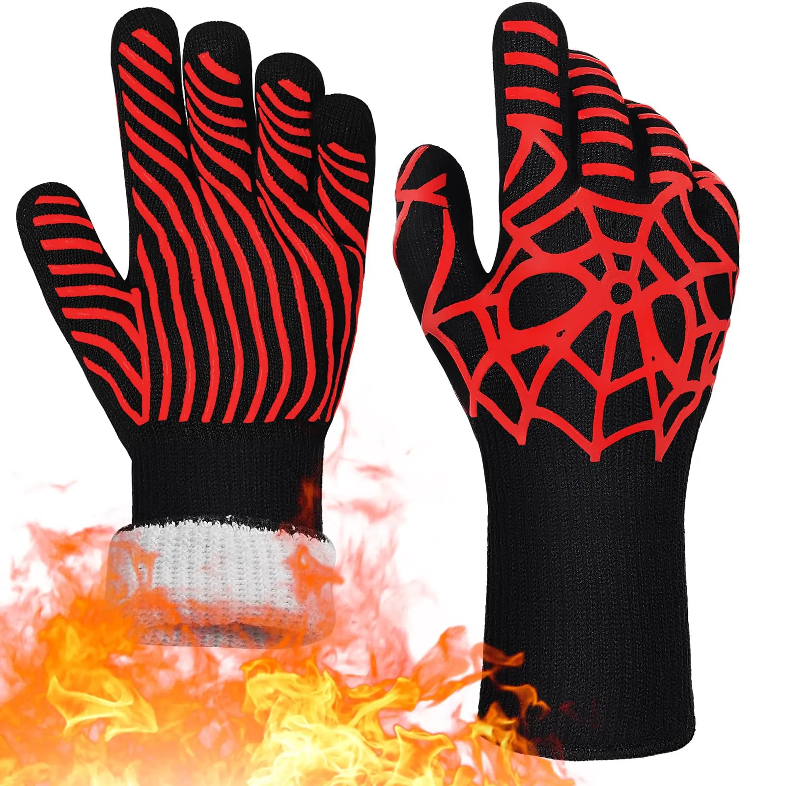 Kitchen Aramid Fiber Extended Full Finger BBQ Grill & Oven Gloves, 1472°F Heat-Resistant Non-Slip Gloves for Grill/Bake & Hot Cookware Handling