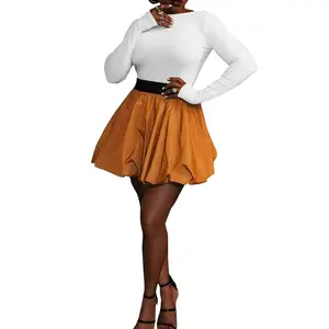 [Vibrant] Women's Orange Mini Lantern Skirt 2-piece Set, Top with Women's Open Back Elastic Shirt T-shirt, Loose fit, Summer Solid Color Bubble Skirt, High Waist A-line Women's Dress, Women's Tennis Skirt