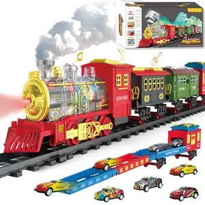 Electric Train Set Train Toys with Lights & Sound, Toy Train Steam Locomotive with Cargo Cars & Tracks, Rechargeable Battery Toddler Model Train Set for 3 4 5 6 7 8+ Year Old Boys Kids Birthday Gifts