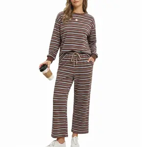 Woman's Striped Knit Pajama Set Soft Cozy Elastic Breathable Drawstring Pocket Long Sleeve Casual Home Outfit Lazy Suit Coffee Outing Travel Shopping