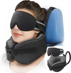 Travel Pillow for Long Flight Airplanes,  Strap Combo with  Contoured Eye Mask for Sleep,  Pillow for  Trip Essential, 360 Support Memory  Headrest,   Bobbing, Black