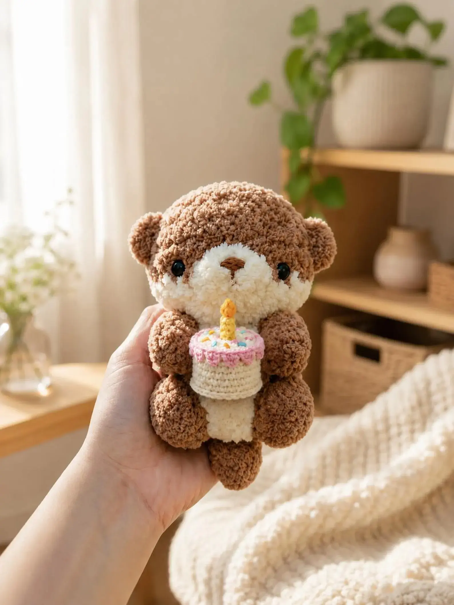 Otter Crochet Plush, Handmade Otter Holding Birthday Cake, Cute Amigurumi Birthday Gift, Kawaii Crochet Animal Plush