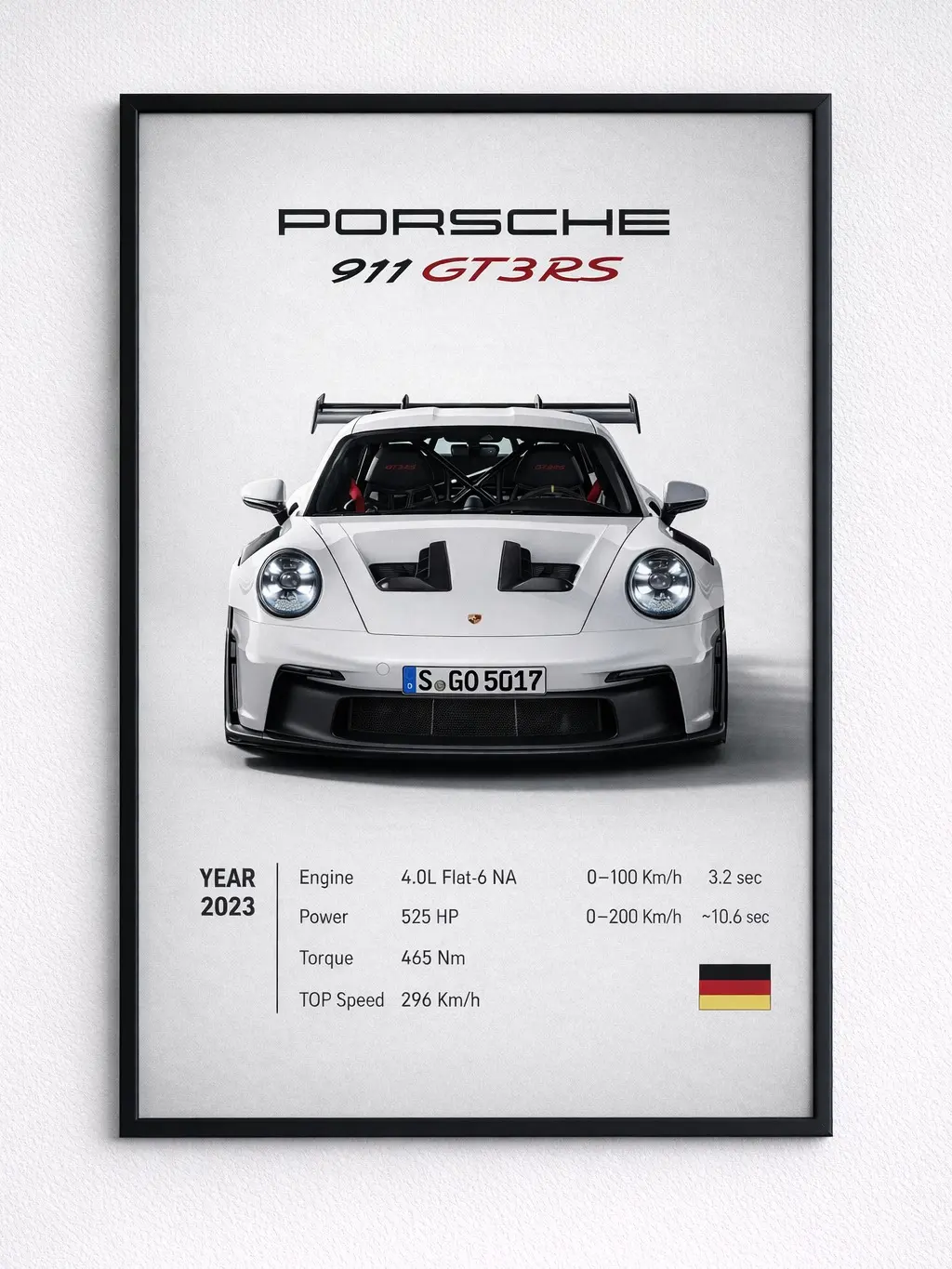 Porsche 992 GT3RS Luxury Poster Print Wall Art with Black Frame, Home Supplies for Vehicle Enthusiasts Gift, Vehicles