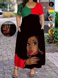 Plus Size Women's Dress, 6 Print Options, Casual Style, Short Sleeve Round Neck Long Dress with Pockets, Casual Boho Fit, Loose Fit, Slimming, Daily Wear