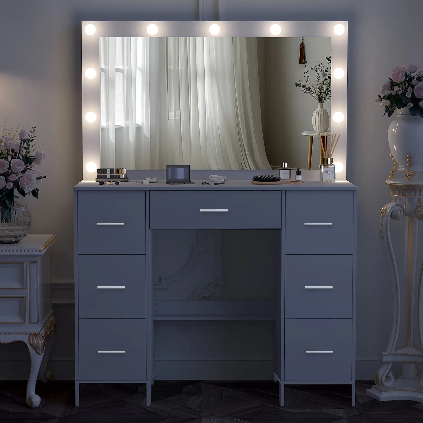 Dressing Table With LED Lighted Mirror And Stool, Vanity Makeup Table, 4 Drawer 3 Shelves Storage Unit Cosmetic Bedroom Dresser Make Up Desk Stool For Bedroom - TikTok Shop Dressing Table With LED Lighted Mirror And Stool, Vanity Makeup Table, 4 Drawer 3 Shelves Storage Unit Cosmetic Bedroom Dresser Make Up Desk Stool For Bedroom - TikTok Shop