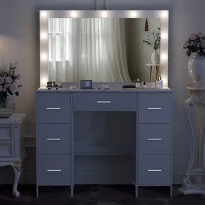 Modern Makeup Vanity Desk with Mirror and 11 LED Lights, 7 Drawers Dressing Makeup Table for Bedroom