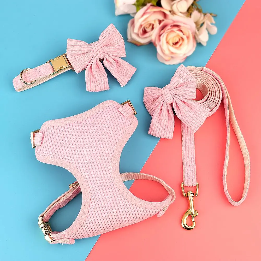 Soft Breathable Dog Collar Leash Set, 3 Counts/set Bowknot Pet Vest Harnesses Adjustable Pet Collars Leads For Small Medium Dogs Harness Straps Harness Leash Combo