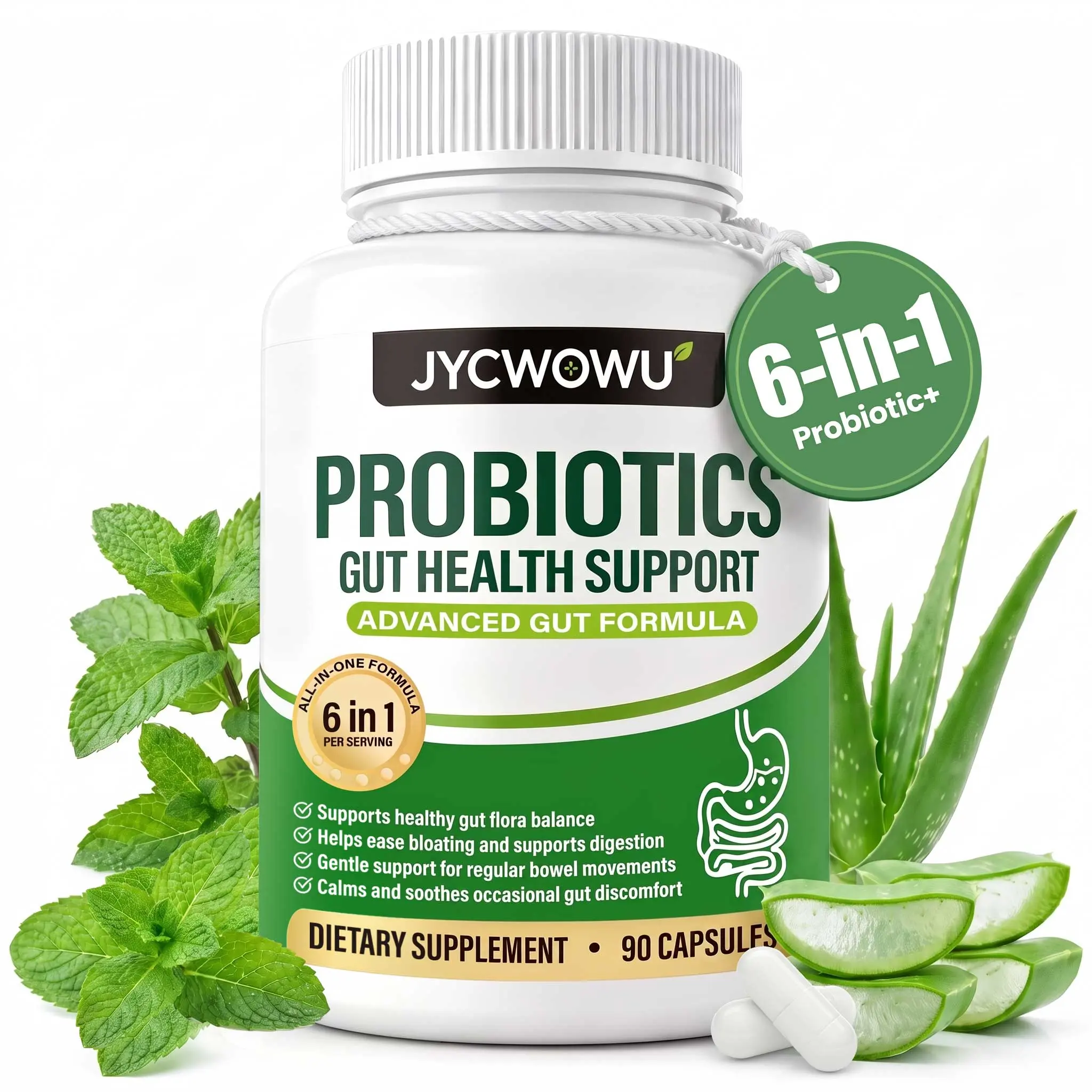 JYCWOWU 6-in-1 Probiotics Gut Health Support Capsules, Advanced Probiotic & Prebiotic Supplement with Digestive Enzymes, 90 Servings