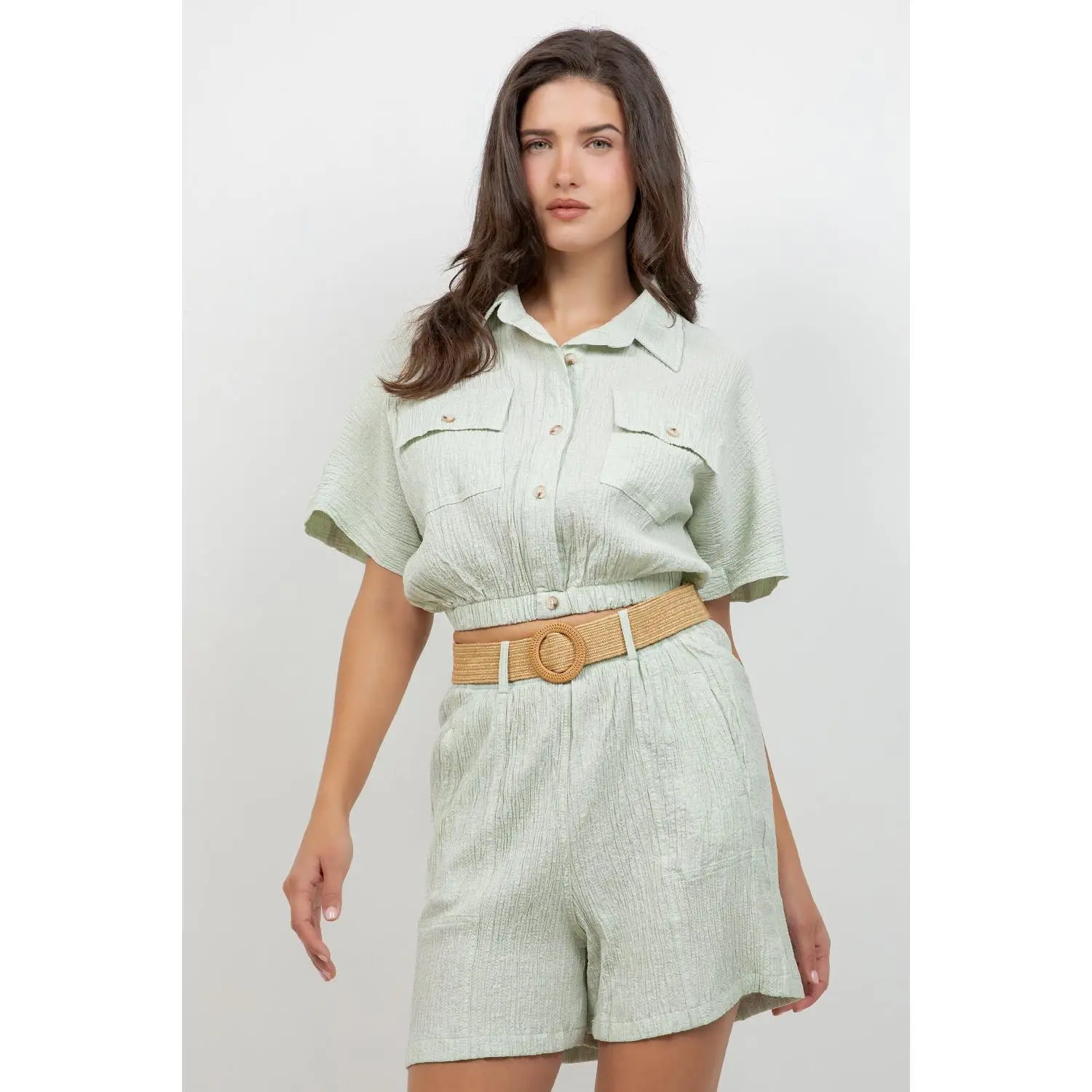 Crinkle Linen Blend Cropped Short Sleeve Two-Pocket Button Down Top