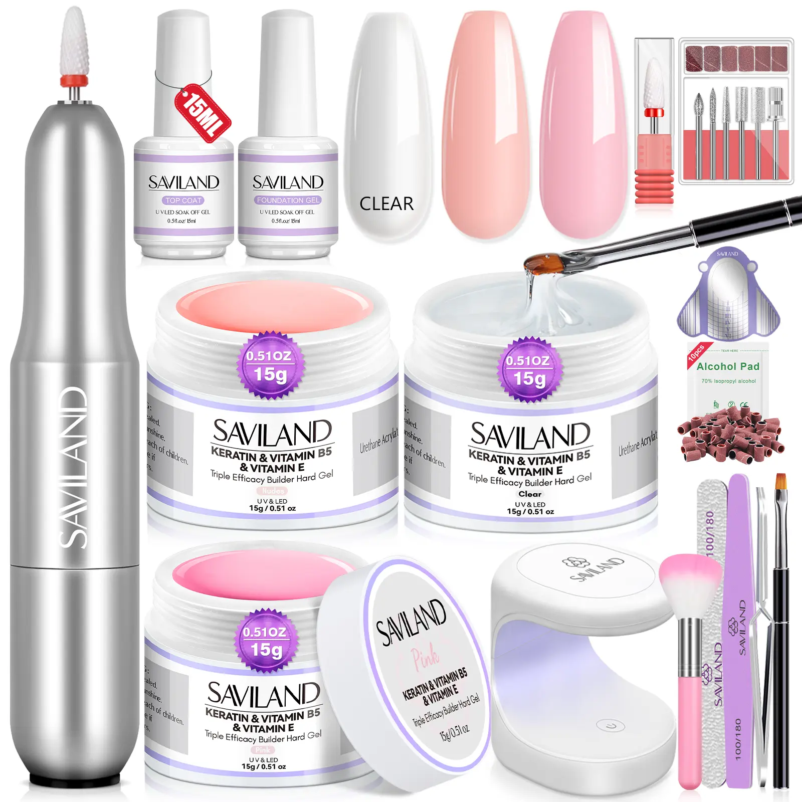 SAVILAND Builder Nail Gel Set: 3 Pcs Hard Gel (VE VB5 Keratin) in Clear Pink Nude Nail Drill Lamp Brush Strengthener Gel for DIY Nail Extensions