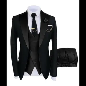 Men’s slim-fit three-piece suit set — double-breasted blazer, vest, and pants for weddings and formal events; men’s slim wedding suit; pocketed suit; men’s three-piece party suits; business-casual tuxedos; business-casual outfits; office work clothes