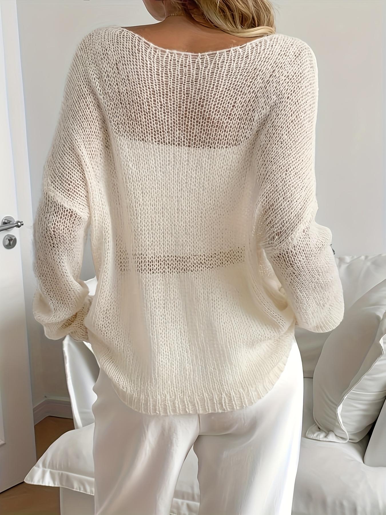 [Breathable Mesh Pullover] Women's Off-Shoulder Sweater - Breathable Mesh Panels & Relaxed Fit Long Sleeve Pullover for Spring/Summer, Elegant Semi-Sheer Loose Top with Medium Stretch, Chic Casual Wear, Seasonal Wardrobe, Stretchy Fabric, Summer Wardrobe