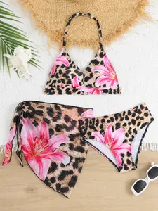 Adorable Leopard Print Swimsuit Set for Girls, Sleeveless Slim Fit Bikini with Side Tie Skirt, Perfect for Summer Beachwear