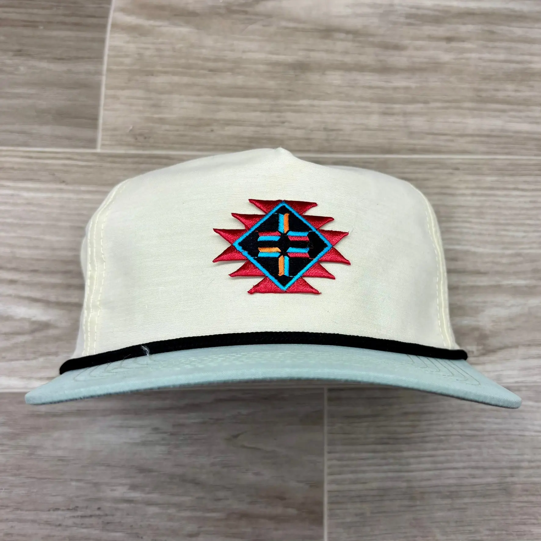 Southwestern/Aztec Patch on 2-Tone Cream/Seafoam Green Retro Snapback Hat w/ Black Rope