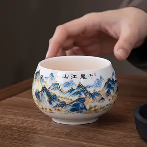 Handmade Porcelain Tea Cups Set of 2, Elegant Design Portable Ceramic Teacups for Office Reading, Easy Clean Suitable for Solo Drinking