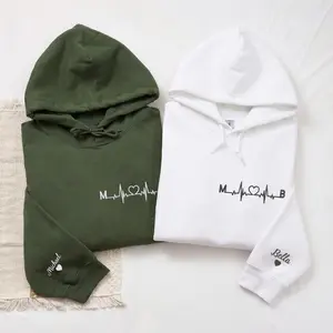 Custom Heartbeat Initial Embroidered Hoodie – Matching Couple Hoodie With Date Gift For Valentine or Anniversary