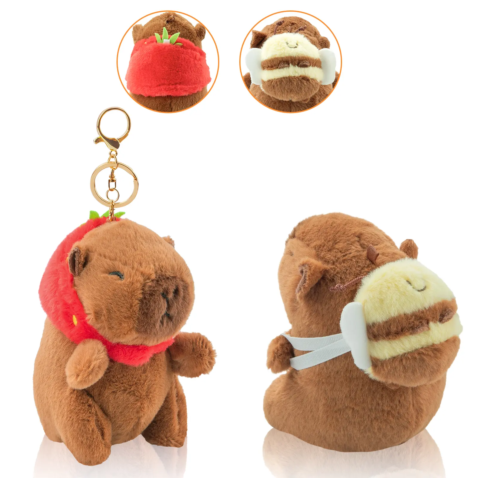 Girls' 2-Piece Kawaii Capybara Plush Keychain Set - Animal-Themed Doll Charms with Strawberry Hoodie, Bee Details, Lightweight, Perfect as Backpack Accessories, Cute Desk Companion, Birthday Gifts