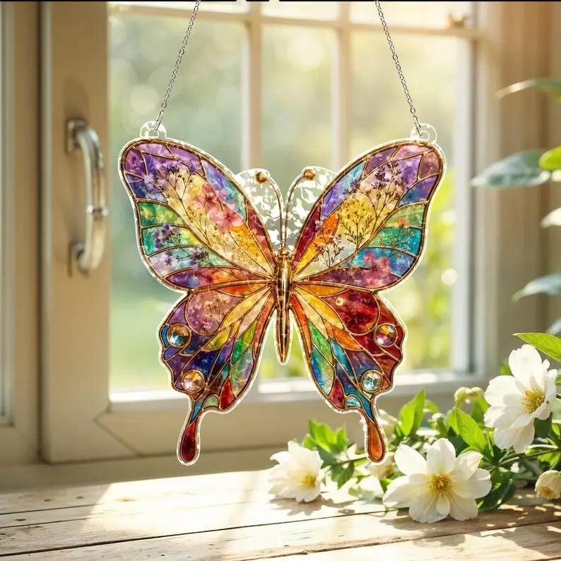 Vibrant Floral Butterfly Suncatcher, Acrylic Sun Catcher Window Hanging Art, Botanical Rainbow Prism Decor, Birthday Gift for Plant Lover