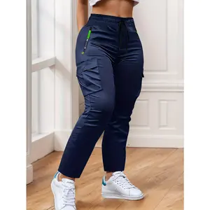 Women’s multi-pocket workwear trousers: lightweight spring/autumn straight-leg casual trousers with distinctive zipped pockets; elasticated waistband, ideal for outdoor activities and everyday wear