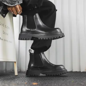 Men's Chelsea Boots British Style Mid Top Thick Sole Leather Fashion Boots