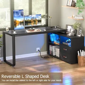 Cyclysio 55" L-Shaped Office Desk with File Cabinet & 2 Wood Drawers, Heavy Duty Computer Desks with LED Strip and Power Outlets and Storage Shelves