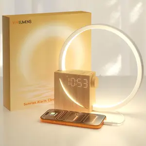[Mother's Day] Sunrise Alarm Clock Wake Up Light - 3-Level Dimmable Touch Lamp with White Noise & 10 Sounds - Dual Alarm Snooze - USB Charging Port - International Warranty Home Decor Light Wood-Knob Version